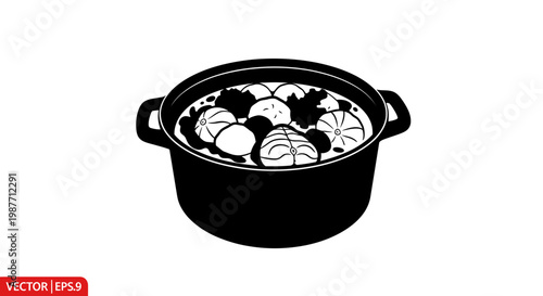 Black and white vector illustration of a fish soup in a cooking pot