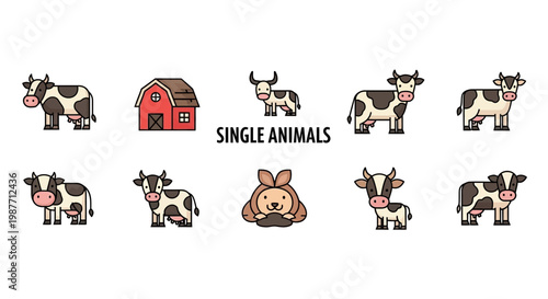 Vector illustration set of cute cartoon farm animals and red barn