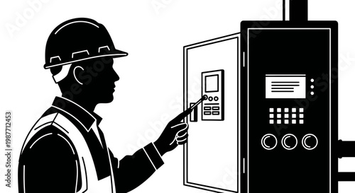 Industrial Worker Operating Control Panel Vector Illustration