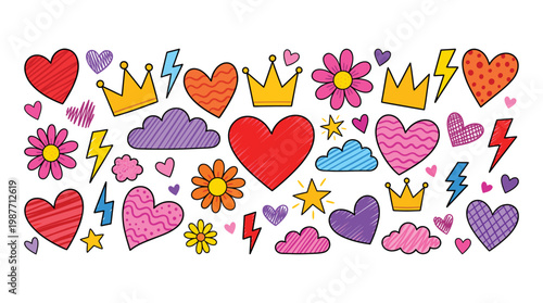 Valentine romance decorative elements set in a cute doodle style, patterned hearts, royal crowns, bright flowers, lightning bolts, fluffy clouds, sparkling stars, and love