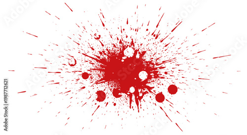 Intense red paint splatter and blood splash with numerous radiating drops, dramatic grunge effect, isolated white background.