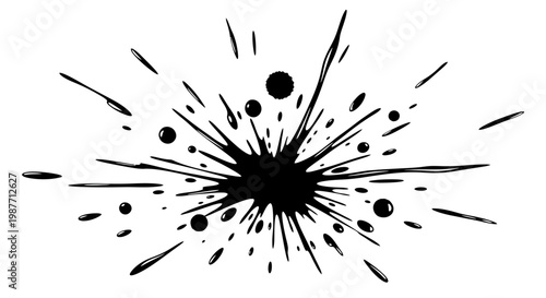 Asymmetric black ink splatter with central burst and elongated radiating lines, isolated white background.