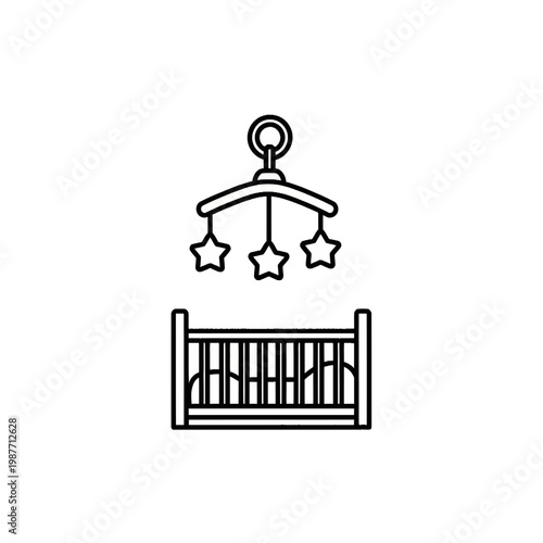 Baby crib with star mobile nursery icon line art vector