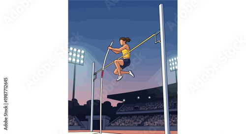 Female pole vaulter jumping over bar in stadium at night illustration