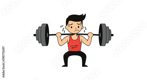 Cartoon Man Struggling to Lift Heavy Barbell Illustration