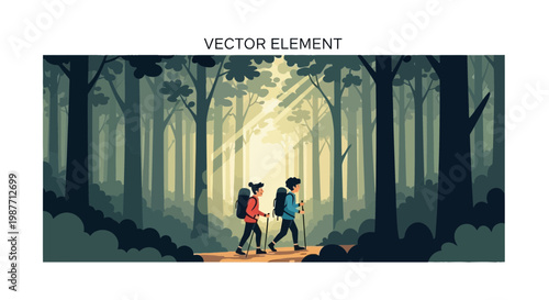 Hikers Trekking through Sunlit Forest Vector Illustration