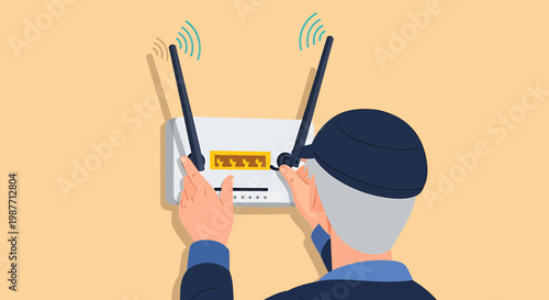 Technician Installing Wireless Wi-Fi Router Vector Illustration