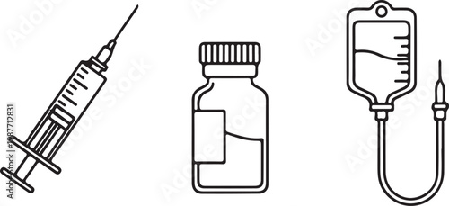 Medical syringe vial and IV drip icons for healthcare and pharmaceutical industry Isolated on white background