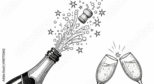 Dynamic Hand-Drawn Champagne Bottle Popping with Bubbles and Clinking Flutes for Exciting Celebration on Isolated White Background