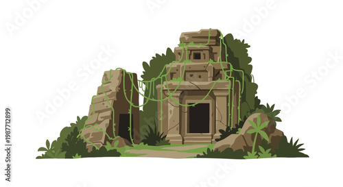 Ancient Stone Temple Ruins in Lush Jungle Vector Illustration