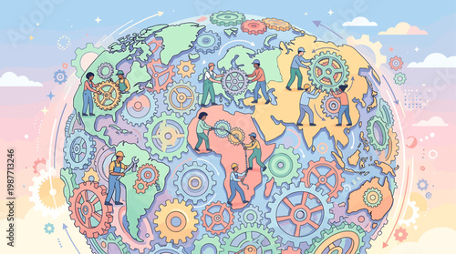 Global Cooperation and Teamwork Diverse people assemble intricate gears representing interconnected systems and progress across continents in a stylized depiction of Earth's operation symbolizing shar