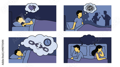 Illustrations depicting different mental states and relationship challenges impacting sleep, from online connections and arguments to feelings of freedom and emotional disconnect.