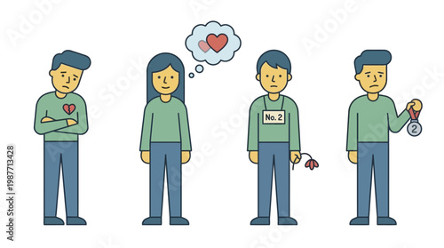 Cartoon illustration depicting various emotional states including heartbreak, love, disappointment, and second place in social and personal contexts.