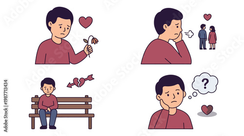 A series of illustrations depicting a man experiencing various stages of heartbreak, loneliness, and confusion related to love and relationships.