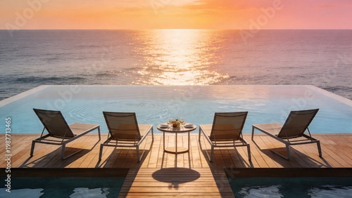 Luxury Oceanfront Infinity Pool Sunset Scene With Wooden Deck Dining Setup And Calm Sea Reflection Premium Resort Atmosphere