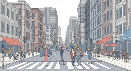 Lively urban city street scene illustration with pedestrians, cyclists, and cars, depicting daily downtown life and modern architecture.