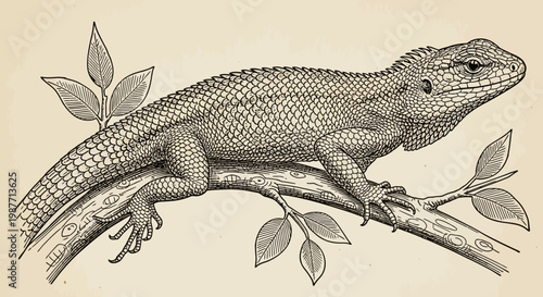 Detailed Vintage Engraving: Lizard Perched on Tree Branch. Classic Zoological Scientific Illustration of a Reptile.