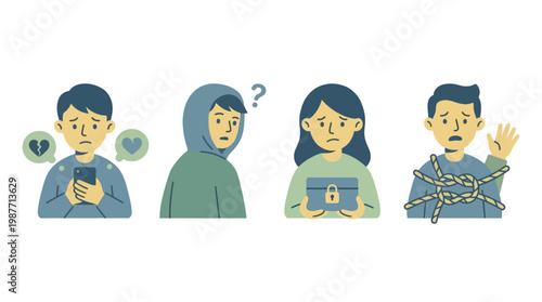 Illustrations depicting various emotional and social struggles including heartbreak, confusion, privacy concerns, and feeling trapped by modern life.