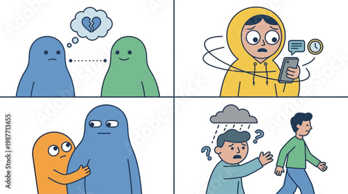 A four-panel comic illustrating various emotional and social challenges, including heartbreak, phone anxiety, unwanted affection, and someone walking away from a relationship.