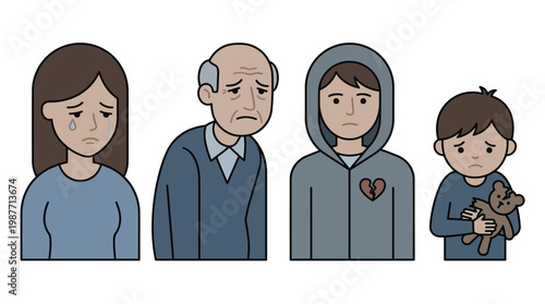 Four sad individuals of different ages: a crying woman, an elderly man, a teenager with a broken heart, and a child holding a teddy bear, depicting emotional distress.