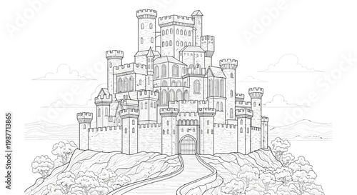 Intricate line art illustration of a majestic medieval fantasy castle on a hill with multiple towers and strong walls, perfect for coloring book design.