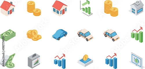 “Isometric vector illustration of financial icons including property, coins, charts, cars, and digital screens representing economic growth and investment”