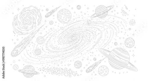 Vast Cosmic Universe Vector Illustration with Galaxies, Planets, Stars, and Comets. Detailed Astronomical Space Scene.