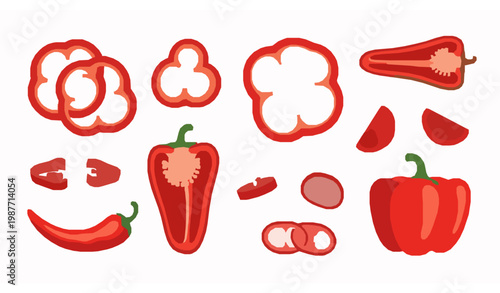 Red chili and bell pepper slices flat vector food ingredient set