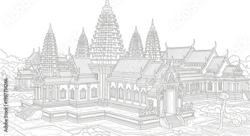 Detailed outline illustration of a majestic ancient temple complex with multiple spires, showcasing traditional Southeast Asian architectural design.