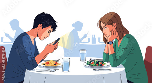The isolating impact of digital distraction one person absorbed in their smartphone at dinner, ignoring their partner, causing clear relationship strain