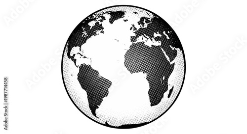 Halftone Earth Globe Illustration with Continents Black and White Isolated White Background
