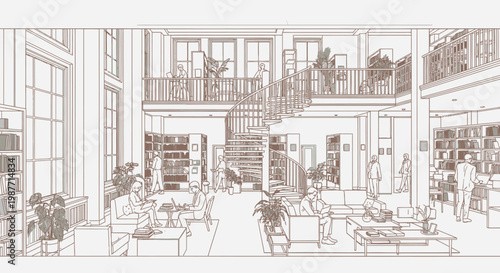 Detailed line art illustration of a multi-level library interior with people reading, studying, and relaxing among bookshelves