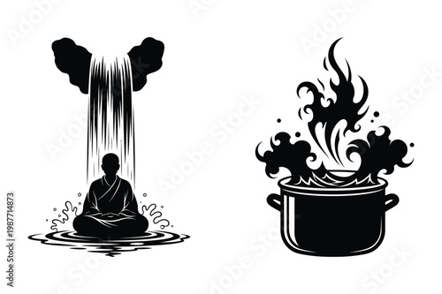 Zen meditation by waterfall and hot pot boiling with steam meditation serenity