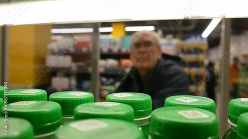 An elderly man takes a bottle of dairy product from a supermarket fridge