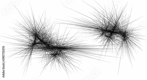 Abstract black spiky lines radiating on white background, chaotic digital data visualization, modern technology particle network design