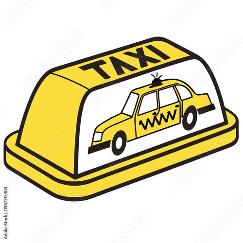 Yellow taxi sign with classic sedan car drawing.