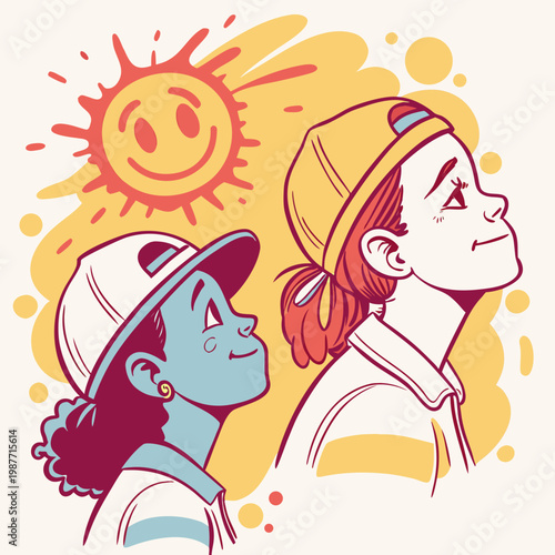 Two girls smiling looking up at sun together.