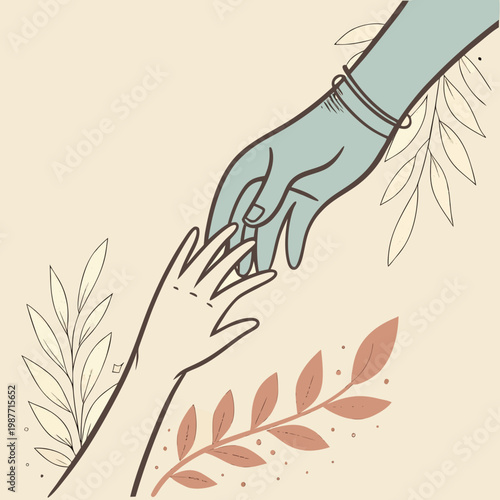 Two hands reaching with leaves on light background.