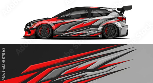Sleek sports car with bold red and gray graphic livery and rear spoiler.