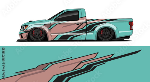 Stylized pickup truck illustration with teal accents and dynamic swoosh graphics.