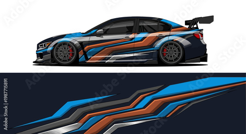 Side view of a blue and orange racecar with dynamic striped livery and sleek design elements.