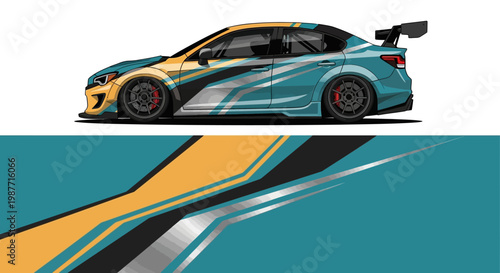 Stylized teal sports car with orange accents in dynamic graphic illustration.