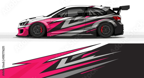 Sleek pink and black racecar with bold graphics and aerodynamic design.