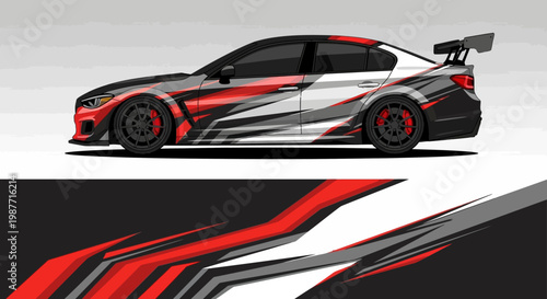 Stylized red and black race car with bold graphic stripes and aero design.