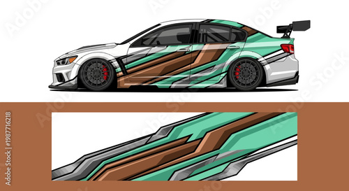 Sleek race car with teal brown graphic livery and dynamic stripe design in motion.