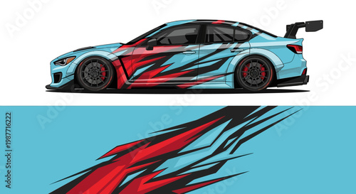 Dynamic blue and red racecar illustration with blazing flame streaks and sleek aerodynamic styling.