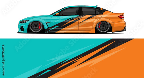 Vibrant teal and orange sports car illustration with bold graphics.
