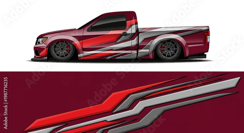 Red customized pickup-style sports car with bold silver graphics and sleek glossy finish against a deep maroon backdrop.