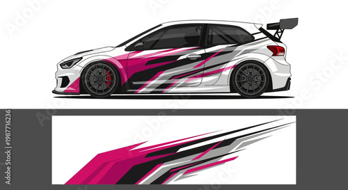 Dynamic magenta racing car with bold graphic livery and vivid lines.