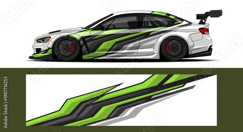High-contrast green and black race car with bold decals and aerodynamic styling on track.